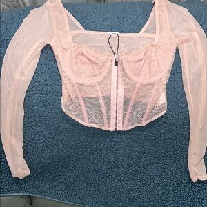 Pink Lace Long Sleeve Corset Top